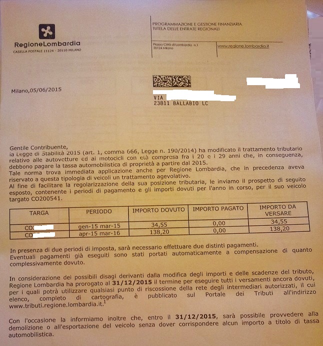 LETTERA BOLLI AUTO VECCHIE