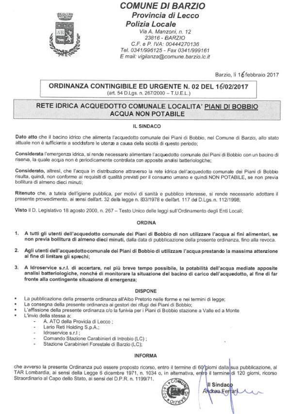 bobbio acqua non potebile ordinanza