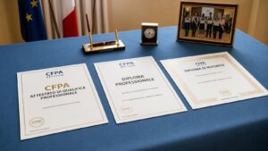 Attestati sul tavolo di Qualifica Certificato Maturità scuola CFPA Casargo, immagine creata con AI verosimile e non vera